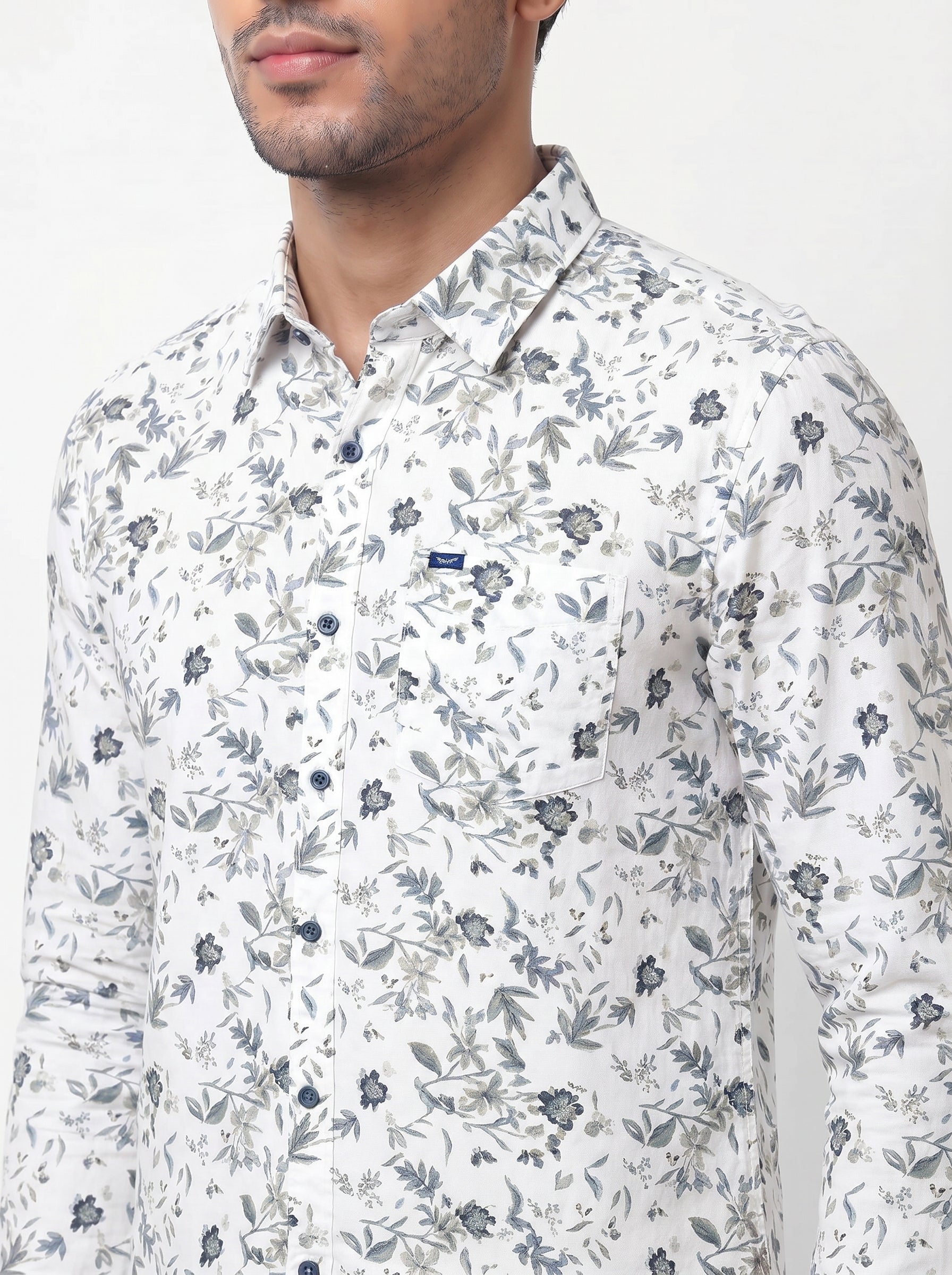 Men's Off White Floral Printed Casual Shirt